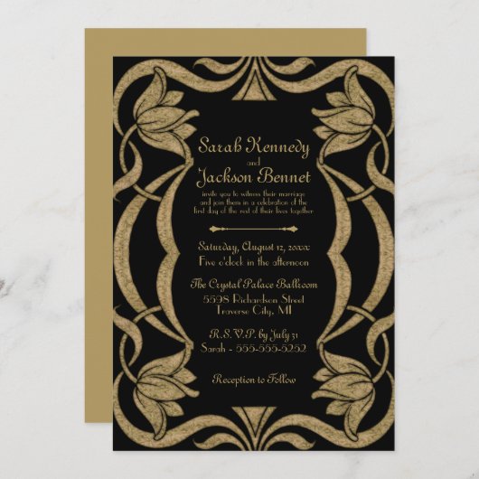 Invitation Mariage élégant Art Nouveau Noir et Or (Devant / Derrière)