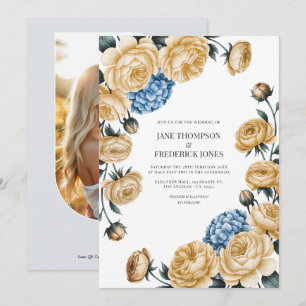 Invitation Mariage Élégant au Champagne et aux Fleurs Bleu Po