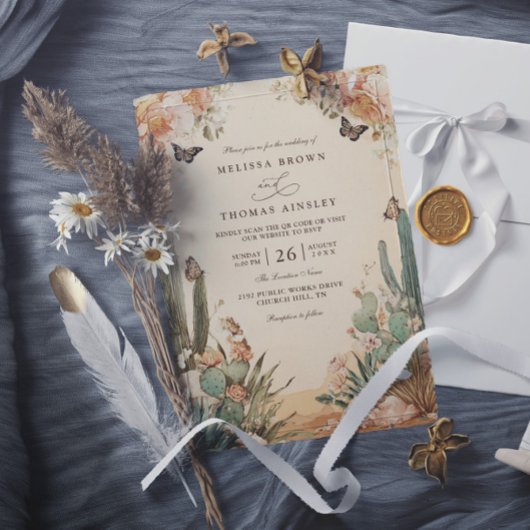 Invitation Mariage élégant au code QR Boho Desert Cactus