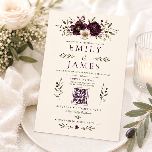 Invitation Mariage élégant au code QR botanique prune olive