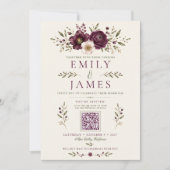Invitation Mariage élégant au code QR botanique prune olive (Devant)