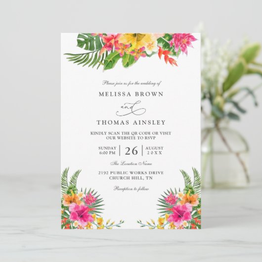 Invitation Mariage élégant au code QR floral à l'Hibiscus tro (Debout devant)