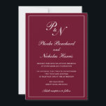 Invitation Mariage élégant au Monogramme de Bourgogne<br><div class="desc">Faire-part de mariage bordeaux de style traditionnel avec un design simple et classique avec vos deux monogrammes initiaux et vos noms dans une calligraphie élégante à l'intérieur d'une mince bordure. Tous les éléments de conception peuvent être modifiés dans l'outil d'édition de conception. Ces invitations de mariage élégantes sont parfaites pour...</div>