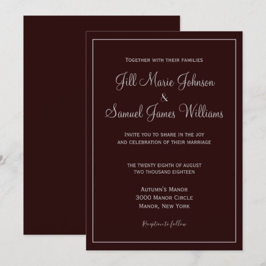 Invitation Mariage Élégant au Prune et Gris Foncé (Devant / Derrière)