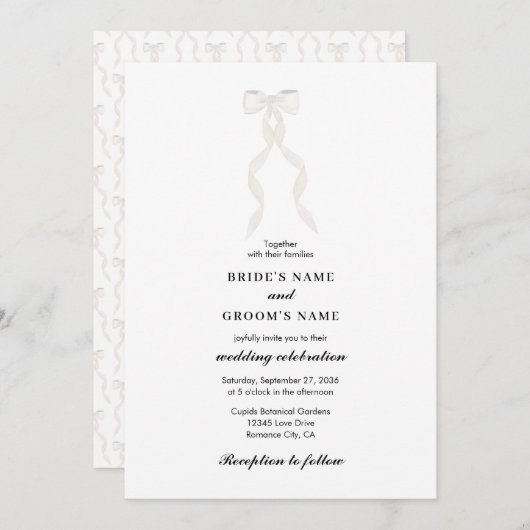 Invitation Mariage élégant au ruban blanc à la bow (Devant / Derrière)