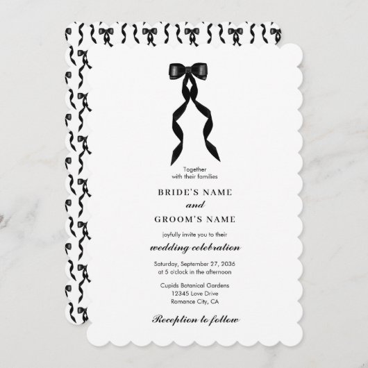 Invitation Mariage élégant au ruban noir (Devant / Derrière)