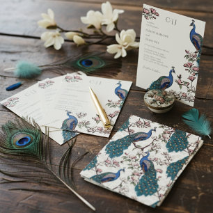 Invitation Mariage Élégant au thème Paon Bleu et Fleurs de Ma