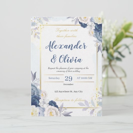 Invitation mariage élégant automnal bleu et floral (Debout devant)
