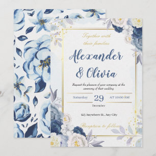 Invitation mariage élégant automnal bleu et floral