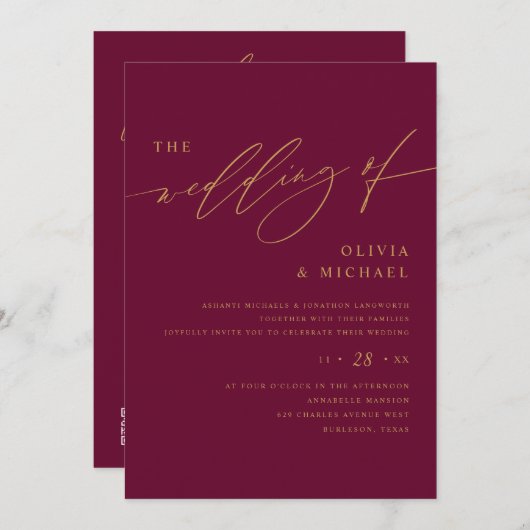 Invitation Mariage élégant aux baies et à l'or (Devant / Derrière)