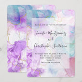 Invitation Mariage élégant aux couleurs fluides violet, vert (Devant / Derrière)