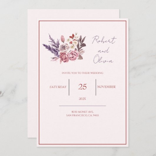 Invitation "Mariage Élégant aux Fleurs Roses et Violettes" (Devant / Derrière)