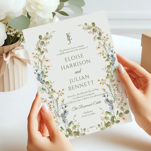 Invitation Mariage élégant aux fleurs sauvages pastel vert 