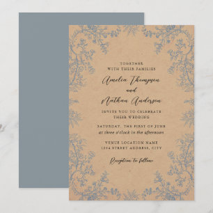 Invitation Mariage Élégant aux Florales en Dentelle Bleue Pou