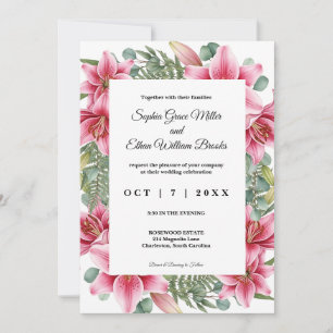 Invitation Mariage Élégant aux Lys Roses Fleuris d'Eucalyptus