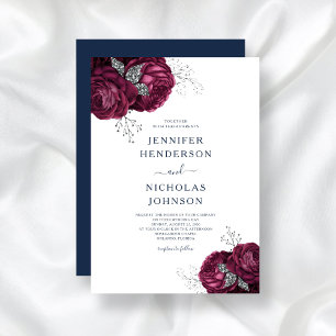 Invitation Mariage Élégant aux Pivoines Florales Bleu Nuit et