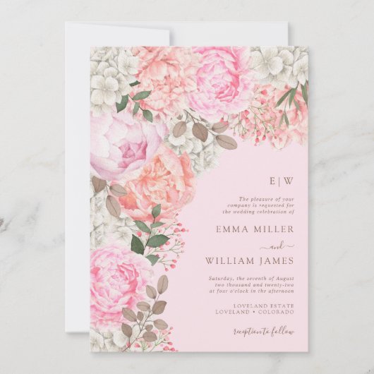 Invitation Mariage Élégant aux Pivoines Roses (Devant)