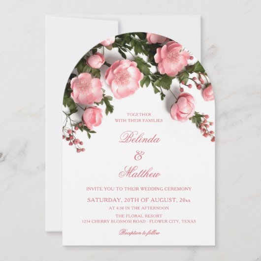 Invitation Mariage élégant aux roses 3D et feuillage rose (Devant)