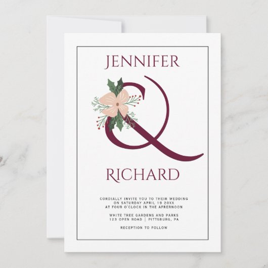 Invitation Mariage élégant avec ampersand bordeaux et fleurs (Devant)
