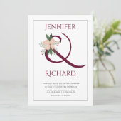 Invitation Mariage élégant avec ampersand bordeaux et fleurs  (Debout devant)