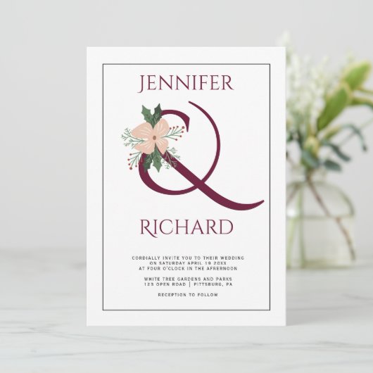 Invitation Mariage élégant avec ampersand bordeaux et fleurs (Debout devant)