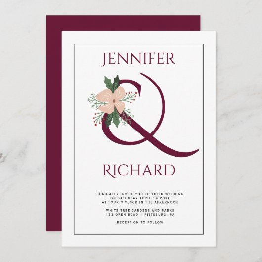 Invitation Mariage élégant avec ampersand bordeaux et fleurs  (Devant / Derrière)