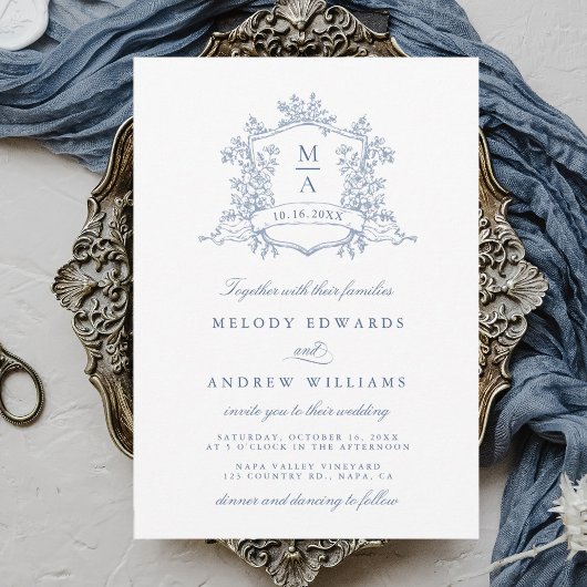 Invitation Mariage élégant avec blason floral bleu poussiéreu