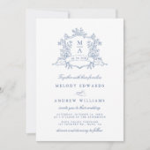 Invitation Mariage élégant avec blason floral bleu poussiéreu (Devant)