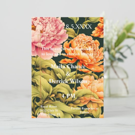 Invitation Mariage élégant avec cadre vert rose orange floral (Debout devant)