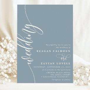 Invitation Mariage élégant avec calligraphie en bleu poussiér