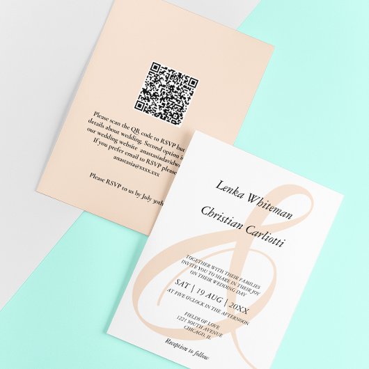 Invitation Mariage élégant avec code QR Ampersand pêche douce