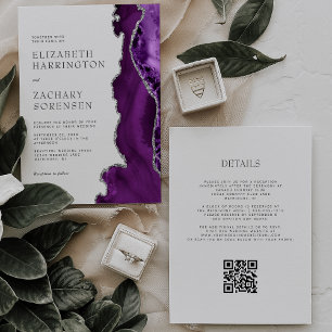 Invitation Mariage élégant avec code QR argent et agate viole