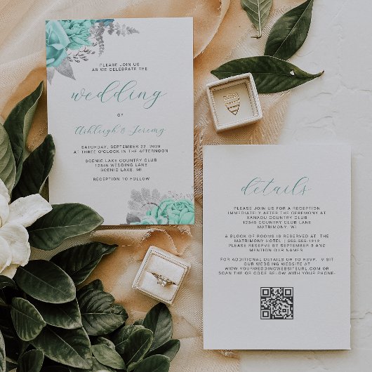 Invitation Mariage élégant avec code QR argent et floral aqua