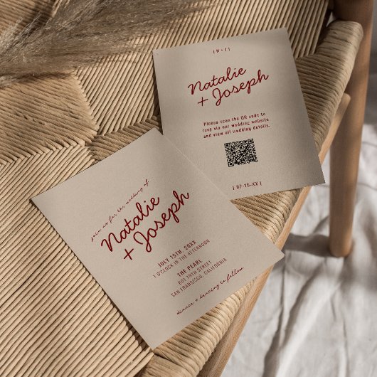 Invitation Mariage élégant avec code QR bleu rouge profond et