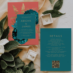 Invitation Mariage élégant avec code QR corail or sarcelle fl