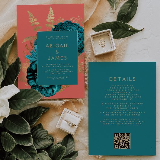 Invitation Mariage élégant avec code QR corail or sarcelle fl