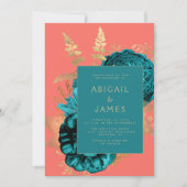Invitation Mariage élégant avec code QR corail or sarcelle fl (Devant)