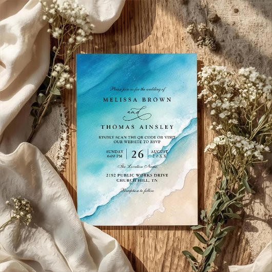 Invitation Mariage élégant avec code QR de plage d'océan bleu