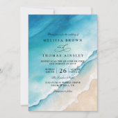 Invitation Mariage élégant avec code QR de plage d'océan bleu (Devant)