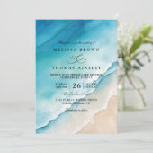 Invitation Mariage élégant avec code QR de plage d'océan bleu (Debout devant)