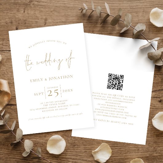 Invitation Mariage élégant avec code QR en écriture dorée
