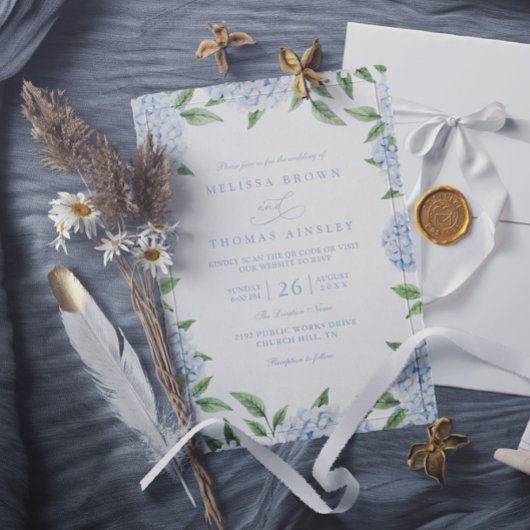 Invitation Mariage élégant avec code QR et bordure d'hortensi