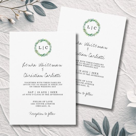 Invitation Mariage élégant avec code QR et monogramme de verd