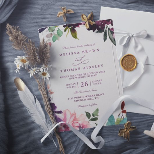 Invitation Mariage élégant avec code QR Fleurs romantiques Bo