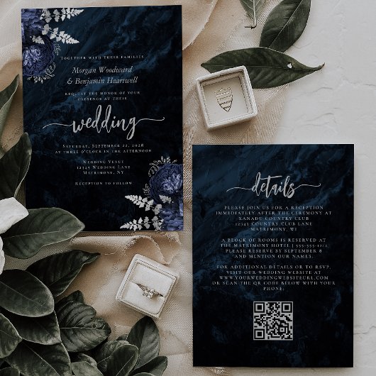 Invitation Mariage élégant avec code QR floral bleu marine ar
