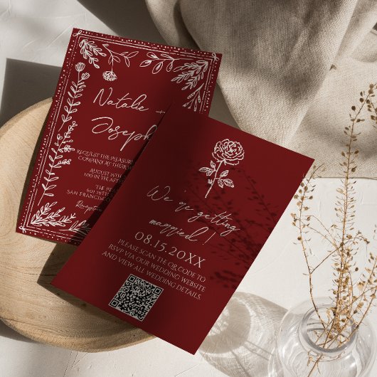 Invitation Mariage élégant avec code QR floral bleu rouge mod