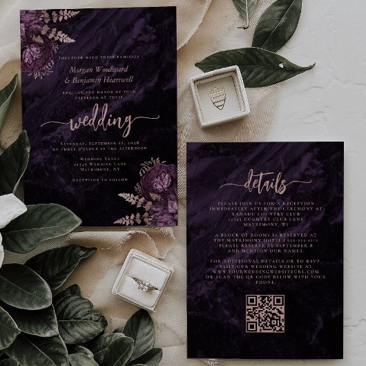 Invitation Mariage élégant avec code QR floral or rose et vio
