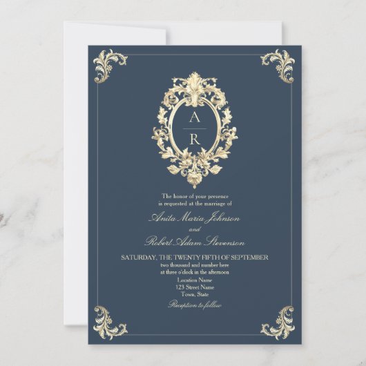 Invitation Mariage élégant avec code QR Navy (Devant)