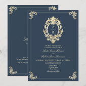 Invitation Mariage élégant avec code QR Navy (Devant / Derrière)
