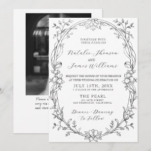 Invitation Mariage élégant avec code QR photo floral noir et
